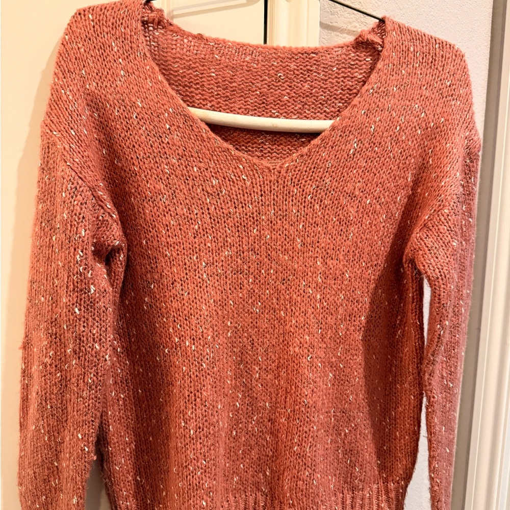 Cozy Mauve Metallic Speckle V-Neck Sweater